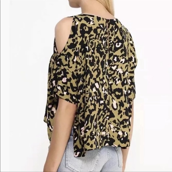 Topshop leopard print cold shoulder top green black pink relaxed boxy fit size 4 - Picture 6 of 8